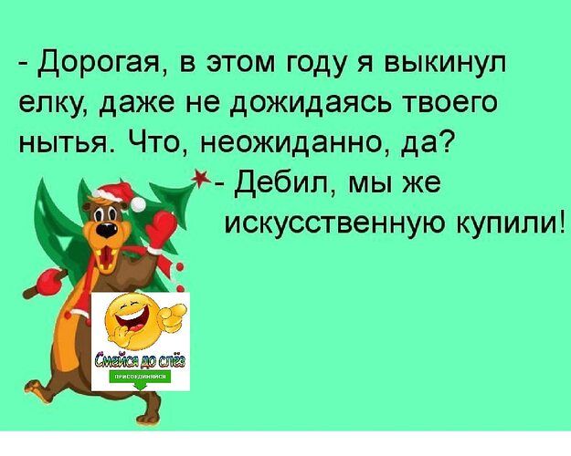 - Дорогая, в этом году я выкинул елку, даже не дожидаясь твоего нытья. Что, неожиданно, да?
- Дебил, мы же искусственную купили!