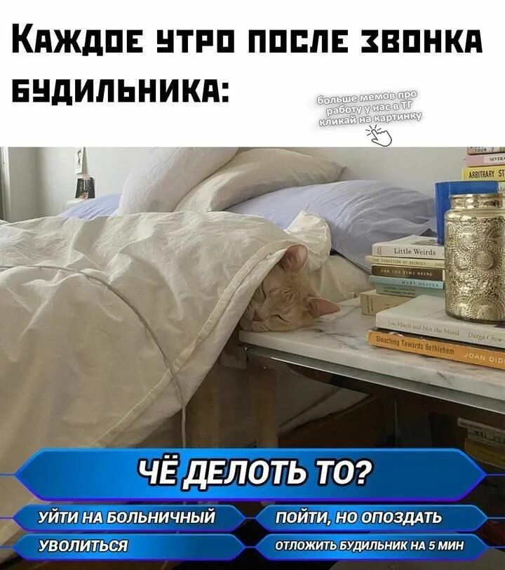 КРАЖДЕ УТРО ПОСЛЕ ЗВОНКА БУДИЛЬНИКА: ЧЁ ДЕЛОТЬ ТО?\n\nУЙТИ НА БОЛЬНИЧНЫЙ\nПОЙТИ, НО ОПОЗДАТЬ\nУВОЛИТЬСЯ\nОТЛОЖИТЬ БУДИЛЬНИК НА 5 МИН