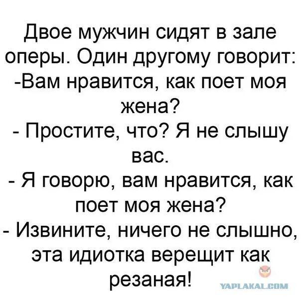 Двое мужчин сидят в зале оперы. Один другому говорит: - Вам нравится, как поет моя жена? - Простите, что? Я не слышу вас. - Я говорю, вам нравится, как поет моя жена? - Извините, ничего не слышно, эта идиотка верещит как резаная!