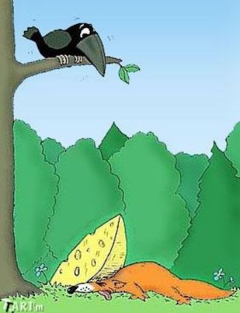 Карикатура: ворона на ветке рядом с сонной лисой и куском сыра.