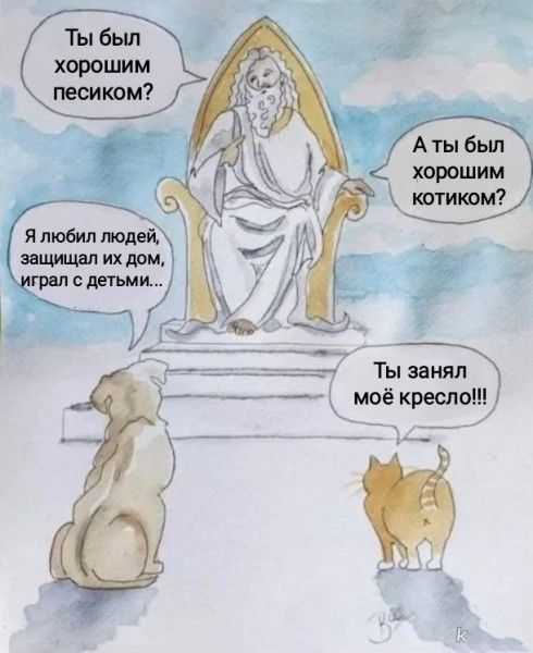 Ты был хорошим песиком? Я любил людей, защищал их дом, играл с детьми... А ты был хорошим котиком? Ты занял моё кресло!!!