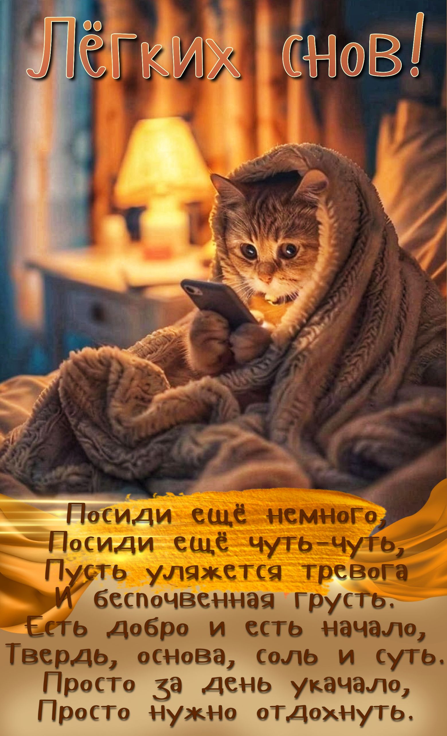 Лёгких снов! Посиди еще немного, Посиди еще чуть-чуть, Пусть уложится тревога И беспокойная грусть. Есть добро и есть начало, Твердь, основа, соль и суть. Просто за день укaчало, Просто нужно отдохнуть.