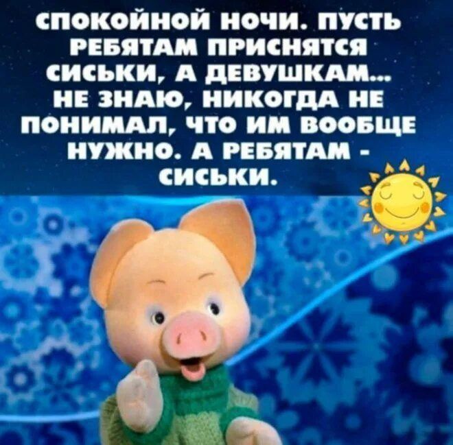 СПОКОЙНОЙ НОЧИ. ПУСТЬ РЕБЯТАМ ПРИСНЯТСЯ СИСЬКИ, А ДЕВУШКАМ... НЕ ЗНАЮ, НИКОГДА НЕ ПОНИМАЛ, ЧТО ИМ ВООБЩЕ НУЖНО. А РЕБЯТАМ - СИСЬКИ.