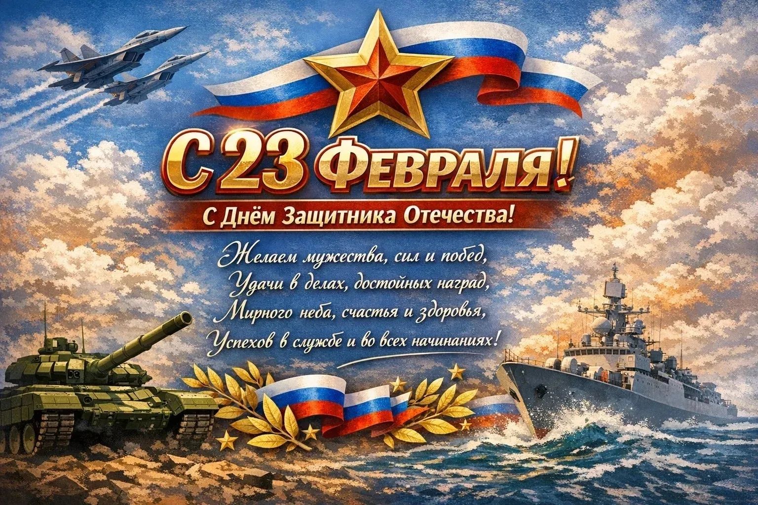 С 23 ФЕВРАЛЯ! С Днём Защитника Отечества! Желаем мужества, силы и побед; Удачи в делах, достойных наград; Мирного неба, счастья и здоровья; Успехов в службе и в любых начинаниях!