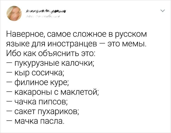 Наверное, самое сложное в русском языке для иностранцев — это мемы. Ибо как объяснить это:
— пукурузные калочки;
— кыр сосичка;
— филиное куре;
— какароны с маклетой;
— чачка пипсов;
— сакет пухариков;
—мачка пасла.