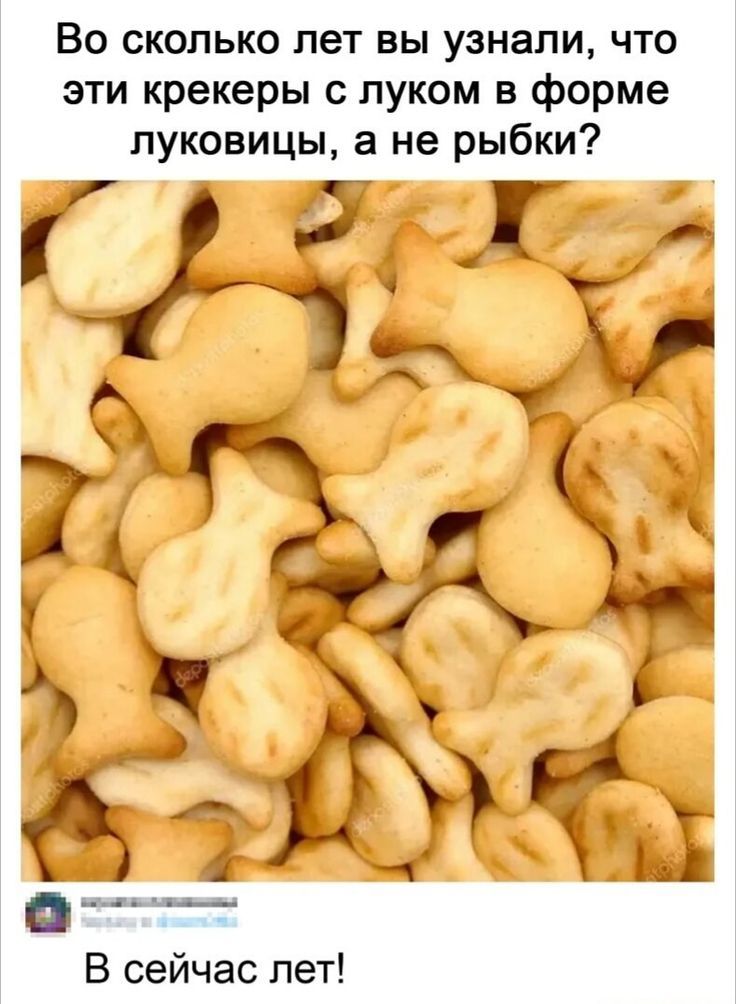 Во сколько лет вы узнали, что эти крекеры с луком в форме луковицы, а не рыбки?
В сейчас лет!