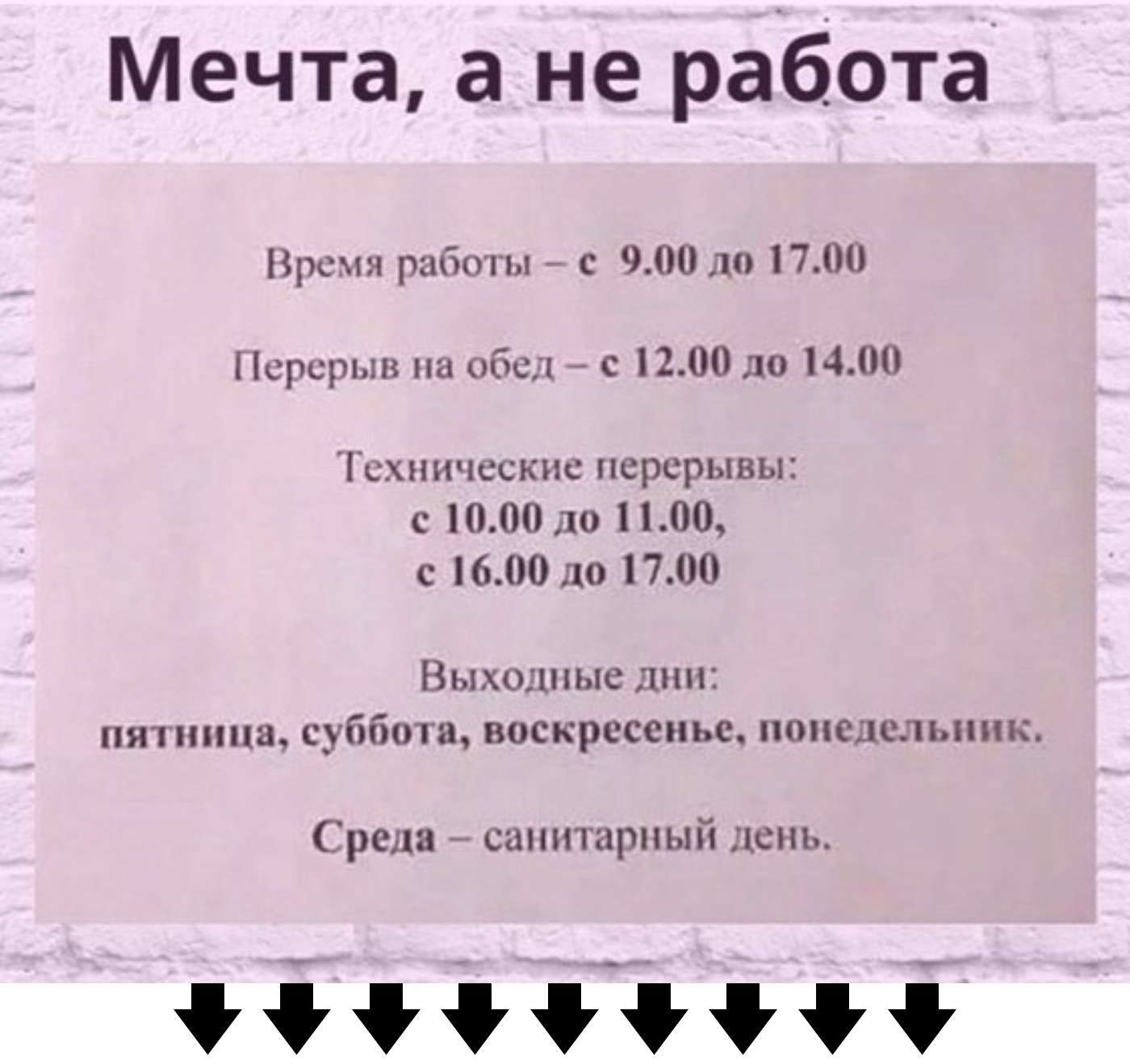 Мечта, а не работа
Время работы – с 9.00 до 17.00
Перерывы на обед – с 12.00 до 14.00
Технические перерывы:
с 10.00 до 11.00,
с 16.00 до 17.00
Выходные дни: пятница, суббота, воскресенье, понедельник.
Среда – санитарный день.