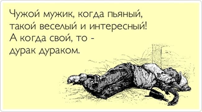 Чужой мужик, когда пьяный, такой веселый и интересный! А когда свой, то - дурак дураком.