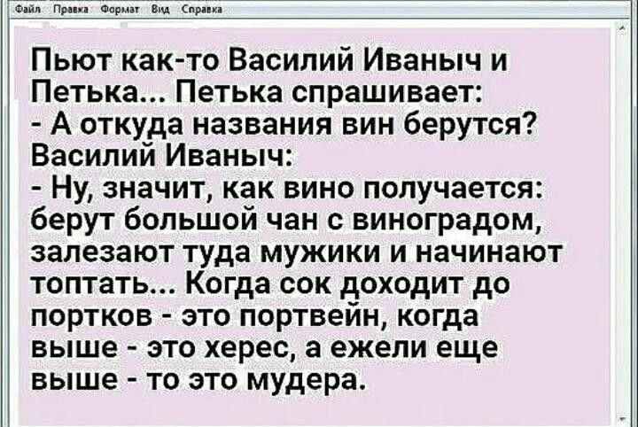 Пьют как‑то Василий Иваныч и Петька... Петька спрашивает: - А откуда названия вин берутся? Василий Иваныч: - Ну, значит, как вино получается: берут большой чан с виноградом, залевают туда мужики и начинают топтать... Когда сок доходит до портков — это портвейн, когда выше — херес, а еще выше — то это мудера.