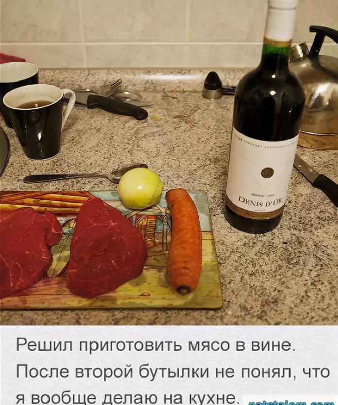 Решил приготовить мясо в вине. После второй бутыльки не понял, что я вообще делаю на кухне.