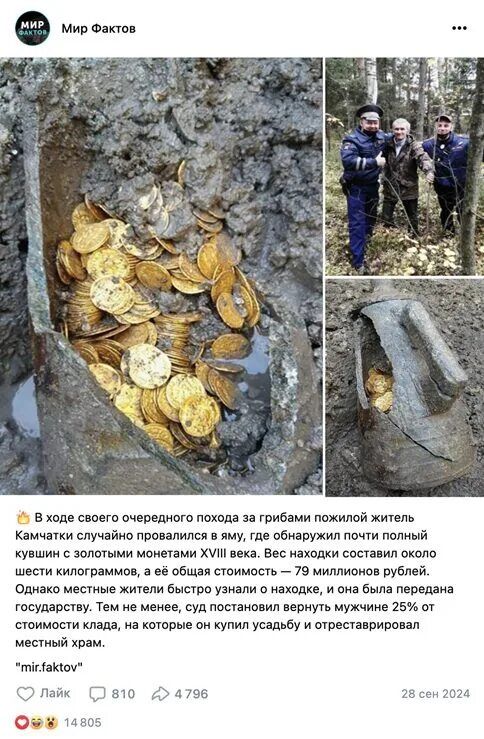 Мир Фактов В ходе своего очередного похода за грибами пожилой житель Камчатки случайно провалился в яму, где обнаружил почти полный кувшин с золотыми монетами XVIII века. Вес находки составил около шести килограммов, а её общая стоимость — 79 миллионов рублей. Однако местные жители быстро узнали о находке, и она была передана государству. Тем не