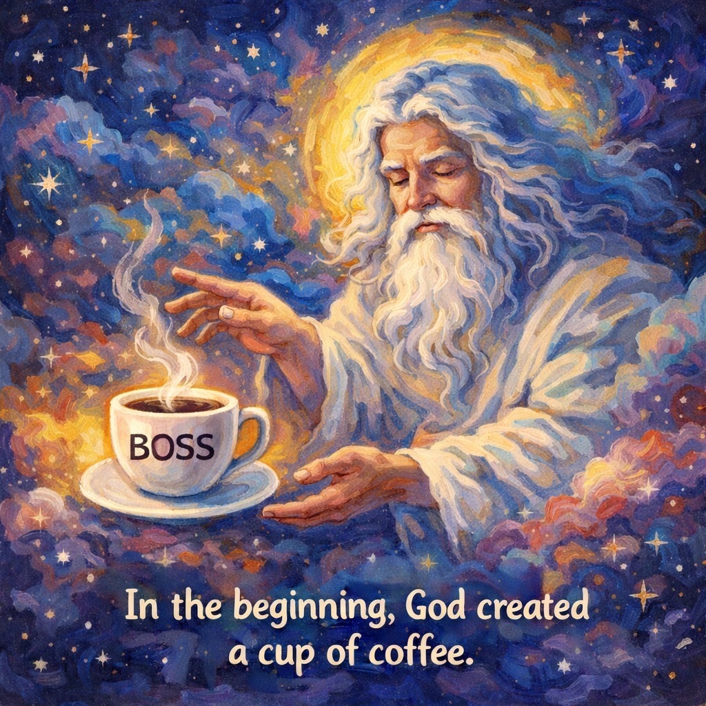 BOSS. In the beginning, God created a cup of coffee.