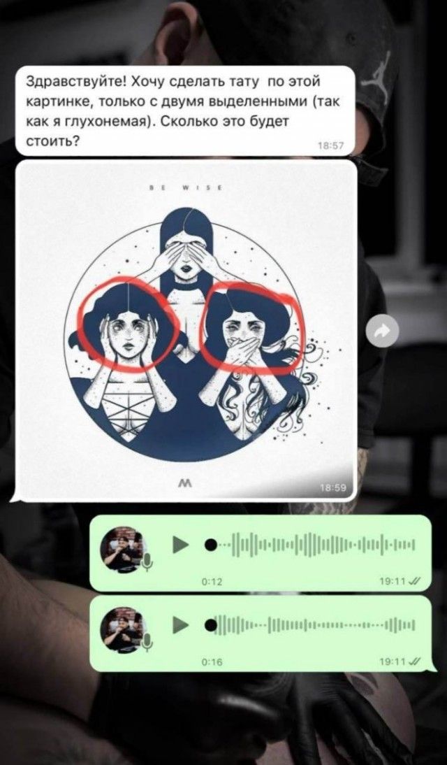 Здравствуйте! Хочу сделать тату по этой картинке, только с двумя выделенными (так как я глухонемая). Сколько это будет стоить?