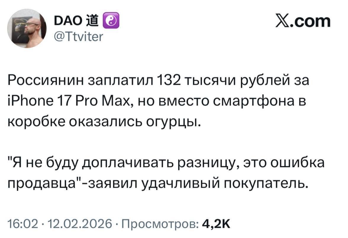 Россиянин заплатил 132 тысяч рублей за iPhone 17 Pro Max, но вместо смартфона в коробке оказались огурцы. 