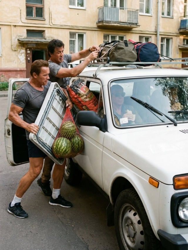 Двое мужчин загружают вещи и сетку с арбузами в старый белый автомобиль на улице.