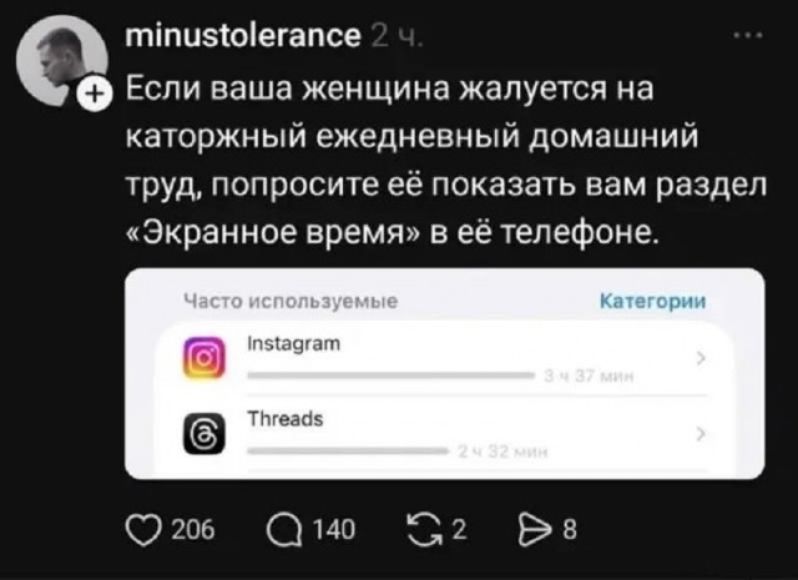 Если ваша женщина жалуется на каторжный ежедневный домашний труд, попросите её показать вам раздел «Экранное время» в её телефоне.