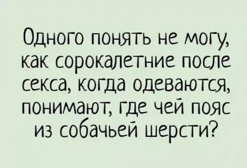 Одного понять не могу, как сорокалетние после секса, когда одеваются, понимают, где чей пояс из собачьей шерсти?