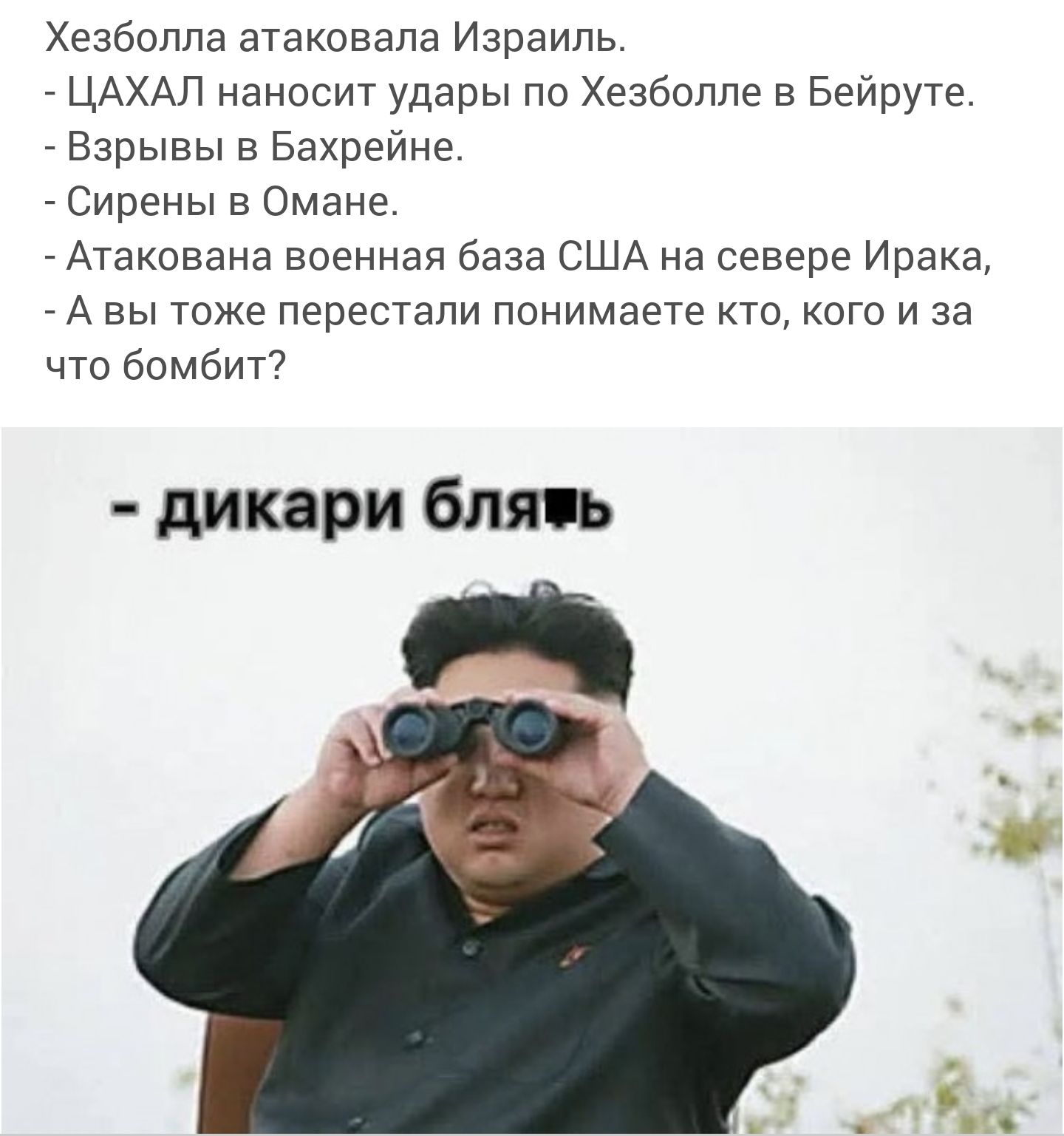 Хезболла атаковала Израиль. - ЦАХАЛ наносит удары по Хезболле в Бейруте. - Взрывы в Бахрейне. - Сирены в Омане. - Атакована военная база США на севере Ирака, - А вы тоже перестали понимаете кто, кого и за что бомбит? - дикари бля