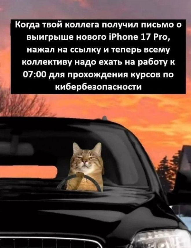 Когда твой коллега получил письмо о выигрыше нового iPhone 17 Pro, нажал на ссылку и теперь всему коллективу надо ехать на работу к 07:00 для прохождения курсов по кибербезопасности