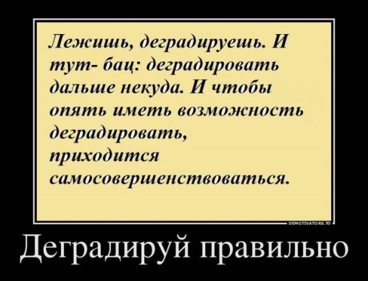 Лежишь, деградируешь. И тут- бац: деградировать дальше некуда. И чтобы опять иметь возможность деградировать, приходится самосовершенствоваться. Деградируй правильно