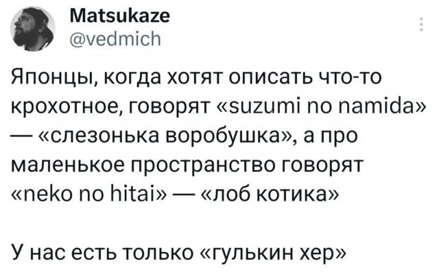 Японцы, когда хотят описать что-то крохотное, говорят «suzumi no namida» — «слезонька воробушка», а про маленькое пространство говорят «neko no hitai» — «лоб котика»
У нас есть только «гулькин хер»