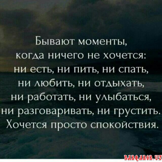 Бывают моменты когда ничего не хочется ни есть ни пить ни спать ни АЮбИТЬ ни отдыхать ни работать ни уАыбаться ни разговаривать ни грустить Хочется просто спокойствия Ы