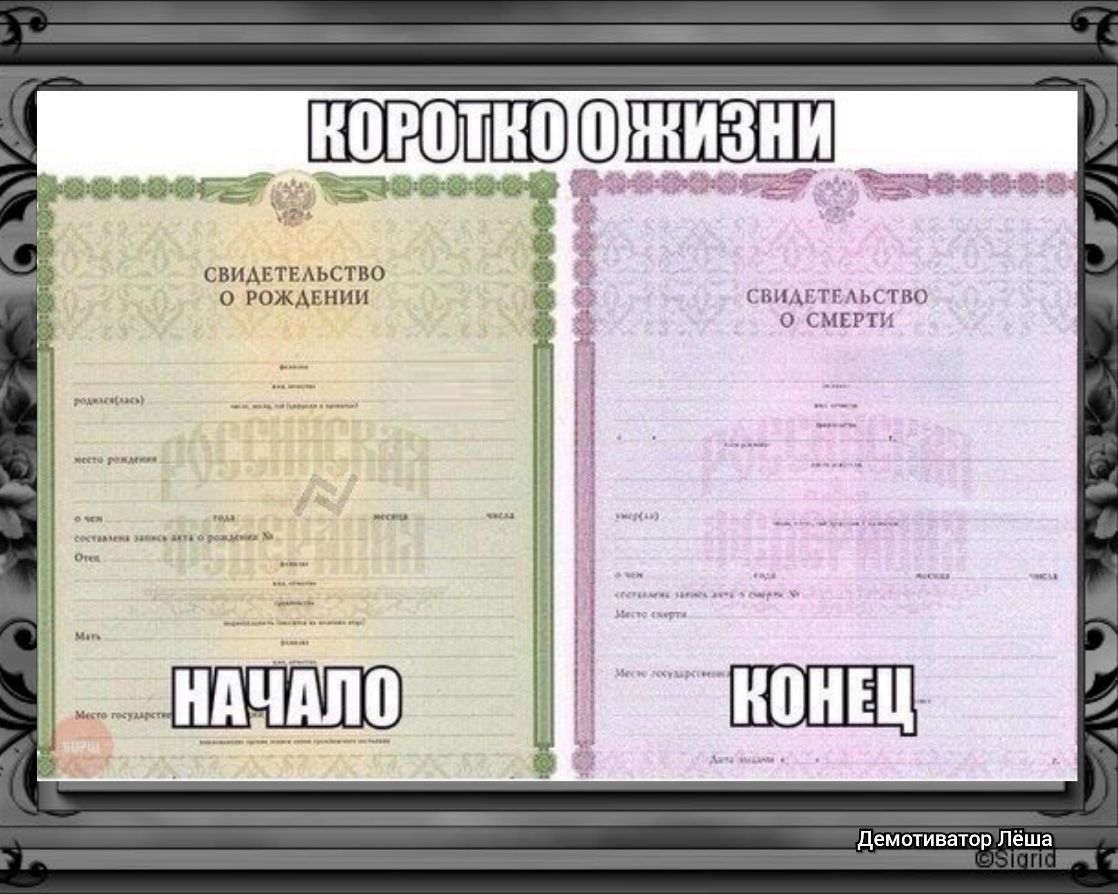 СВПАЕТЕАЬСТВО О РОЖАЕШШ ЗВИАЕТЕАЬСТВО 0 СМЕРТИ Демотиватор Лёша