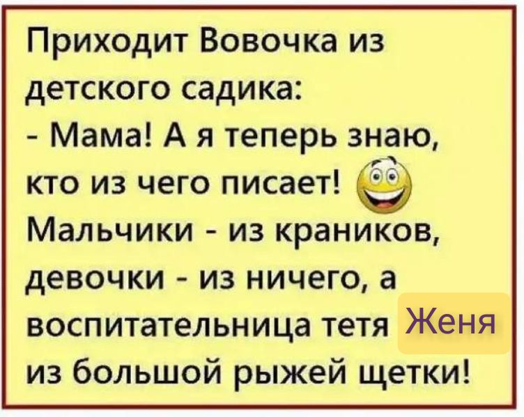 Приходит Вовочка из детского садика Мама А я теперь знаю кто из чего писает Мальчики ИЗ КРЭНИКОВ девочки из ничего а воспитательница тетя Женя из большой рыжей щетки