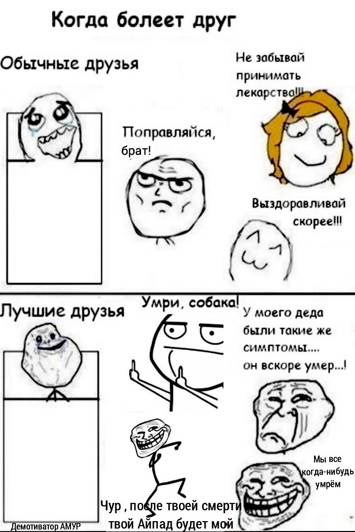 Когда болеет друг Обычные друзья Не забывай принимать лекарств Поправляйся Выздоравливай скорее 4 Умри собака Лучшие друзья УМОБГО Деда были такие же симптомы он вскоре умер_ іемптиватпп У