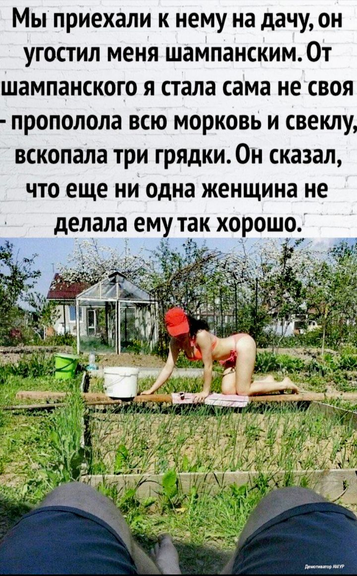 Мы приехали к нему на дачу он угостил меня шампанским0т шампанского я стала сама не своя прополола всю морковь и свеклу вскопала три грядки Он сказал что еще ни одна женщина не делала ему так хорошо
