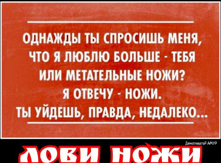 ОДНАЖДЫ ТЫ СПРОСИШЬ МЕНЯ ЧТО Я ЛЮБЛЮ БОЛЬШЕ ТЕБЯ ИЛИ МЕТАТЕЛЬНЫЕ НОЖИ Я ОТВЕЧУ НОЖИ ТЫ УЙДЕШЪ ПРАВДА НЕДАЛЕКО