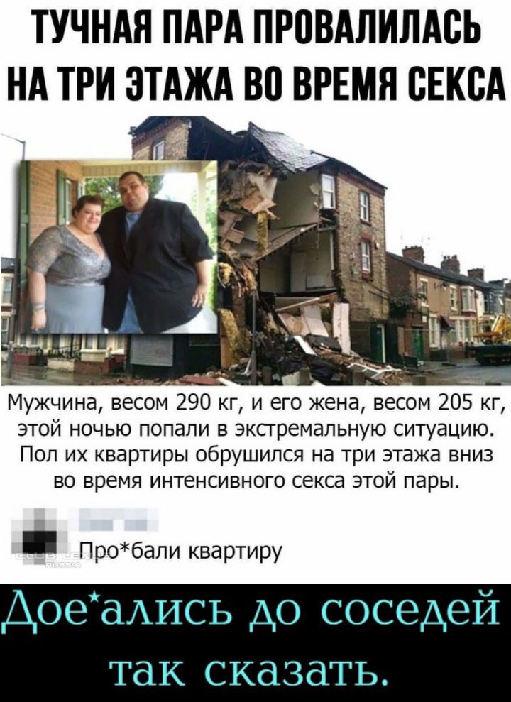 ТУЧНАЯ ПАРА ПРПВАЛИЛАВЬ НА ТРИ ЭТАЖА ВП ВРЕМЯ СЕКСА Мужчина весом 290 кг и его жена весом 205 кг этой ночью попали в экстремальную ситуацию Пол их квартиры обрушился на три этажа вниз во время интенсивного секса этой пары Пробапи квартиру