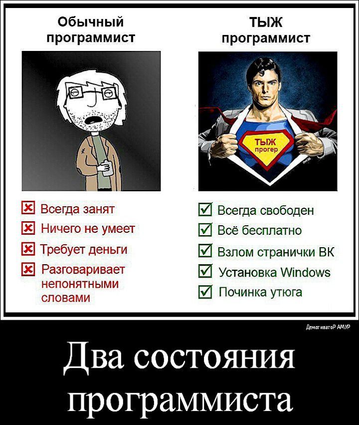 Обычный ТЫЖ программист программист Ш Всегда свободен Ш Всё бесплатно Ш Взлом странички ВК Ш Установка Аіпсіоиз Ш Починка утюга Два состояния программиста