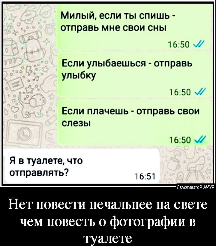 Милый если ты спишь отправь мне свои сны те 50 Если улыбаешься отправь улыбку 1650 Если плачешь отправь свои слезы 1650 Я в туалете что отправлять дтотиватд АМУР Нет повести печальнее на свете чем повестъ 0 фотографии В туалете