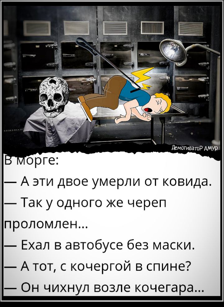 орге А эти двое умерли от ковида Так у одного же череп проломлен Ехал в автобусе без маски А тот с кочергой в спине Он чихнул возле кочегара