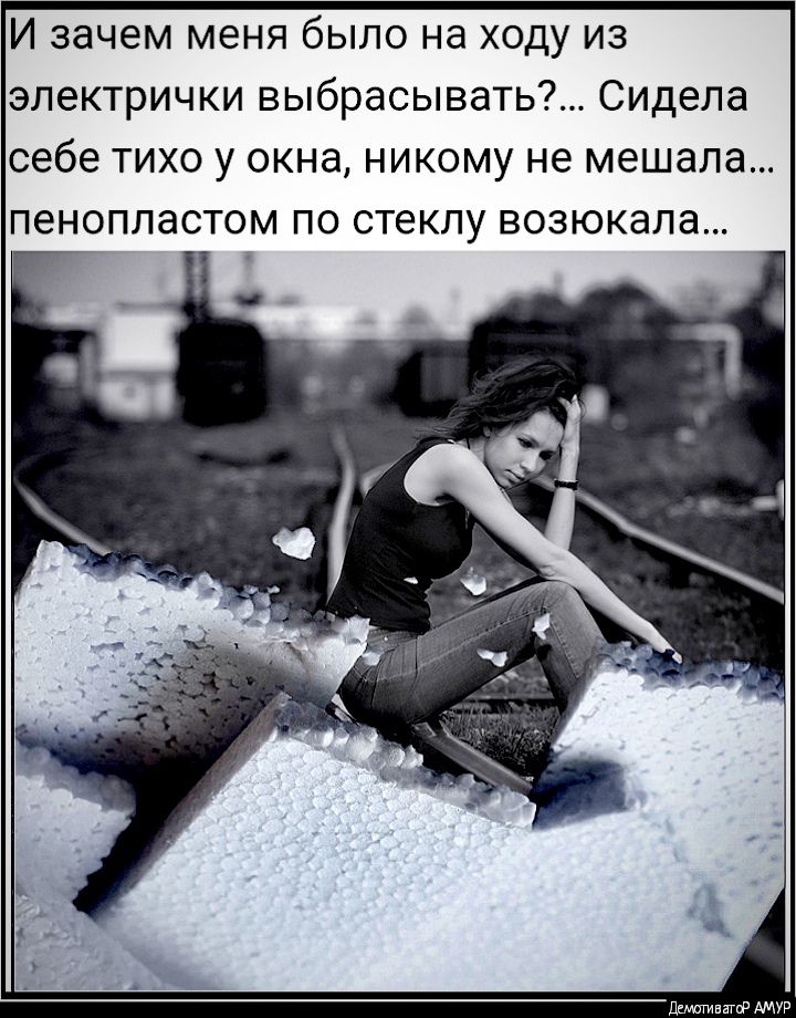 И зачем меня было на ходу из электрички выбрасывать Сидела себе тихо у окна никому не мешала пенопластом по стеклу возюкала дитятиват АМУР