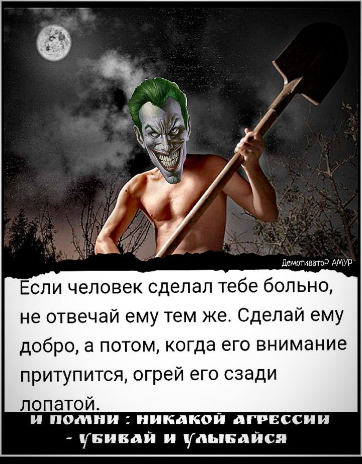 демогиватор АМУР Если человек сделал тебе больно не отвечай ему тем же Сделай ему добро а потом когда его внимание притупится огрей его сзади лопатой и помни НИКАКОИ АГРЕССИИ іБивдй и удындйся