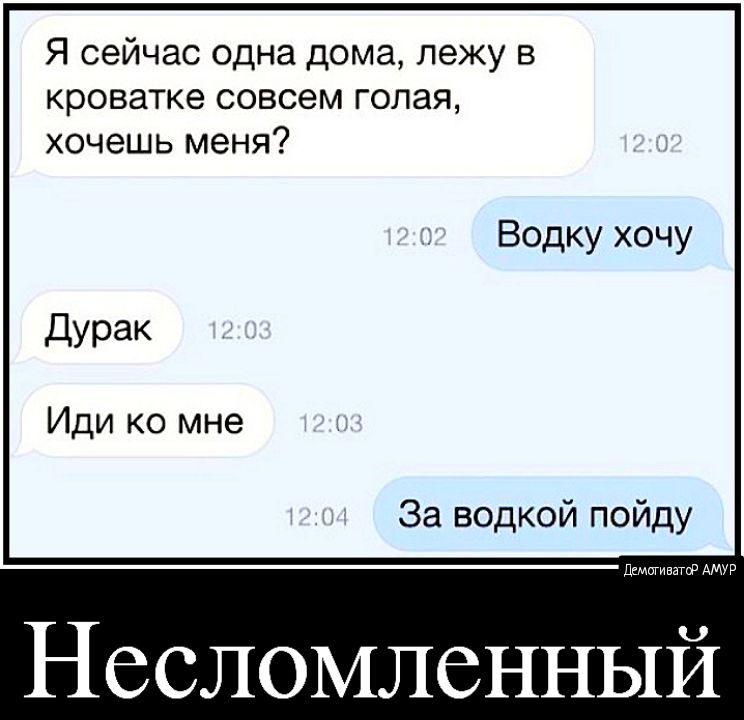 Я сейчас одна дома лежу в кроватке совсем голая хочешь меня Водку хочу Дурак Иди ко мне За водкой пойду демпгиватгр АМУР Несломленный