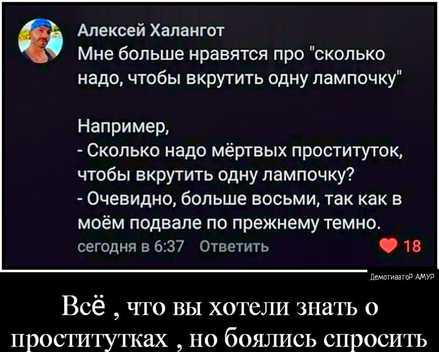 Алексей Халангот Мне больше нравятся про сколько надо чтобы вкрутить одну лампочку Например Сколько надо мёртвых проституток чтобы вкрутить одну лампочку Очевидно больше восьми так как в моём подвале ПО прежнему темно сегодня в 637 Ответить 18 дщетиватпд АМУР Всё что вы хотели знать о проститутках но боялись спроситъ