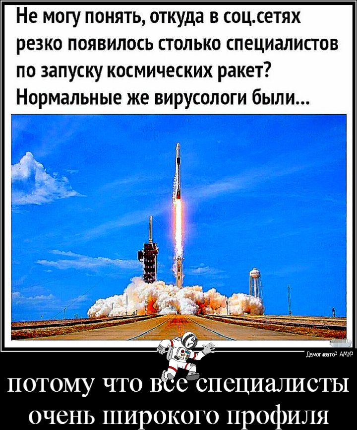 Не могу понять откуда в соцсетях резко появилось столько специалистов по запуску космических ракет Нормальные же вирусологи были Ца анапа потому что ВЁе специалисты очень широкого профиля