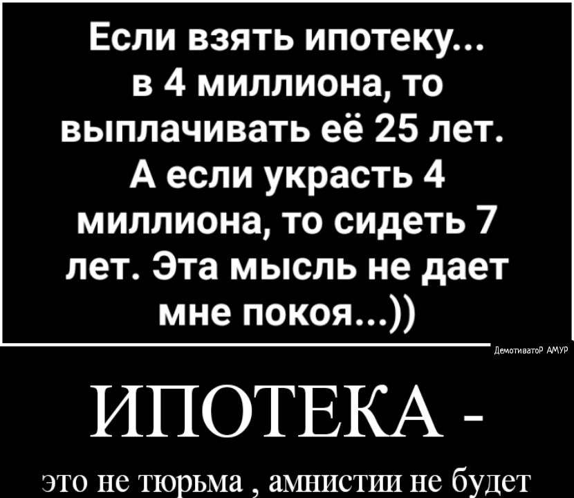 Если взять ипотеку в 4 миллиона то выплачивать её 25 лет А если украсть 4 миллиона то сидеть 7 лет Эта мысль не дает мне покоя днмктгиватд АМУР ИПОТЕКА это не тюрьма амнистии не будет