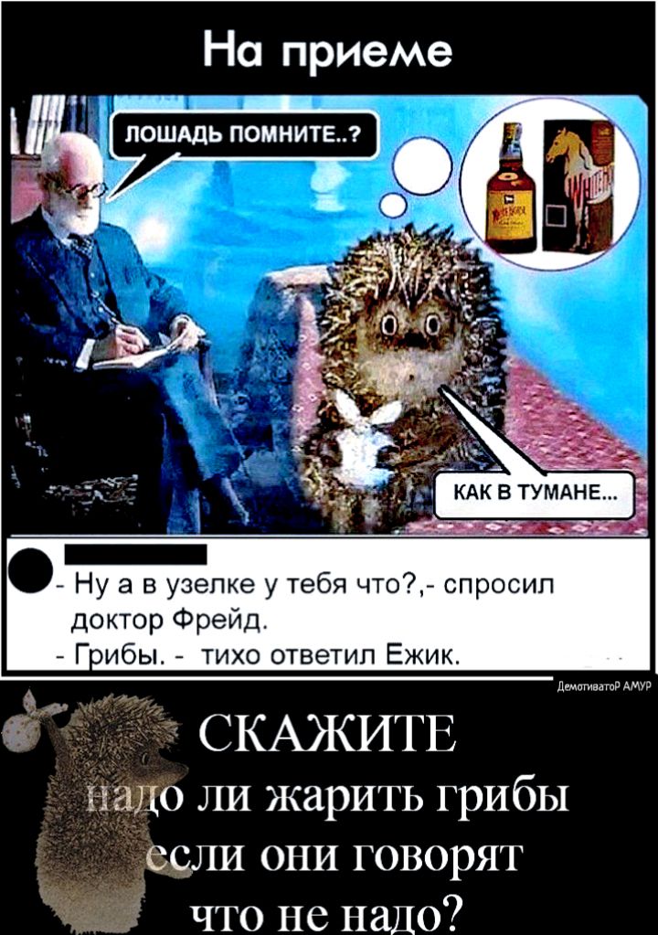 На приеме Ну а в узепке у тебя что спросил доктор Фрейд Г 6 тихо ответил Ежик СКАЖИТЕ надо ли жарить грибы али они говорят что не надо дамами тп АМУР