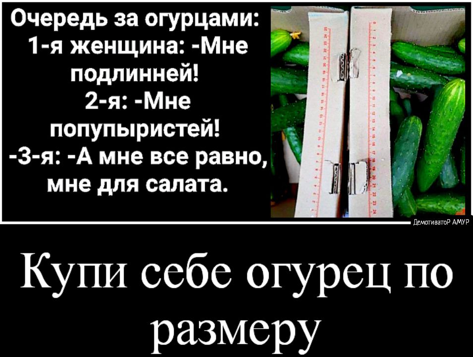 Очередь за огурцами _ 1 я женщина МНе подлинней 2 я МНе попупыристей 3 я А мне все равно мне для салата Купи себе огурец по размеру