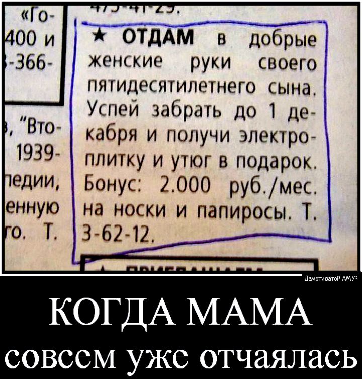 ОТДАМ в добрые женские руки своего пятидесятилетнего сына Успей забрать до 1 де кабря и получи электро плитку и утюг в подарок Бонус 2000 руб мес на носки и папиросы Т 3 62 12 __ днмптиввтп АМУР КОГДА МАМА СОВССМ УЖС ОТЧЗЯЛЗСЬ