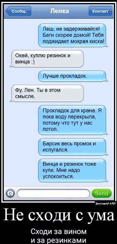 Леш не задерживайся Беги скорее домой Тебя поджидает мокрая киска Океи куплю резинок и винца Лучше прокладок Фу Пен Ты в этом СМЫСПЕ Прокладок для крана Я пока виду перекрыпа потому что туг у нас потоп Барсик весь промок и испугался Вища и резинок тоже купи Мне надо успокоиться ши Несх дисума Сходи за вином И за веЗИНКЗМИ