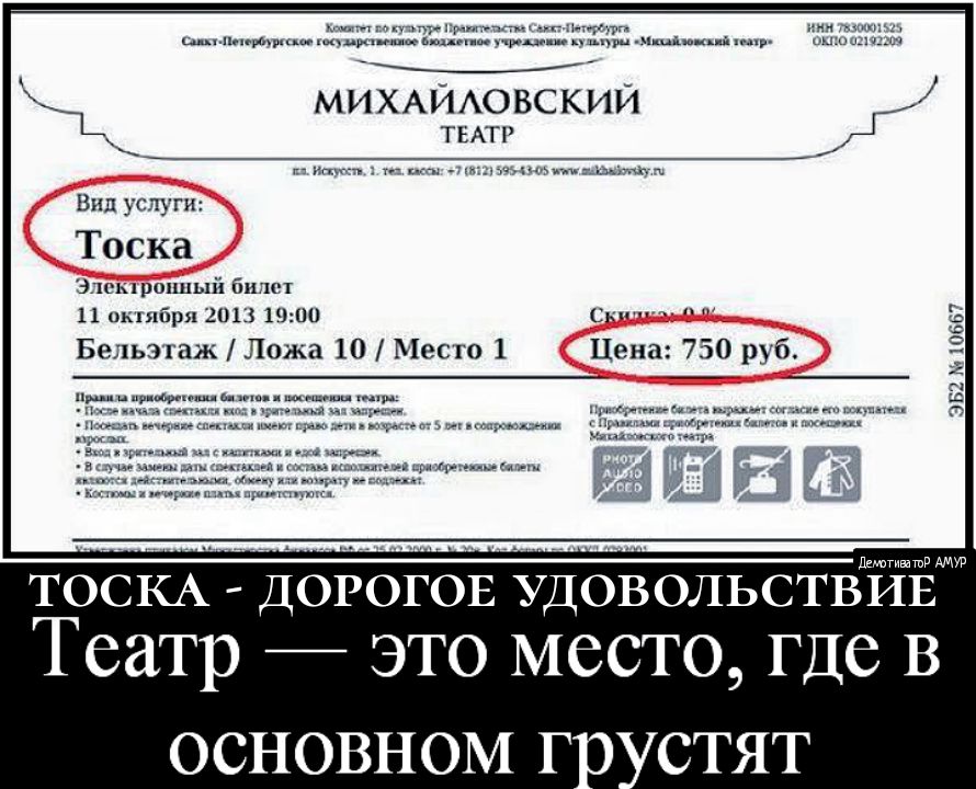 т гпэ _ А ш цм Ьшццш ц д А МИХАЙАОВСКИЙ ТЕАТР Ниш мчи_щъшт Вид услуги Тоска Элемролшый билет 11 оккибря 2013 1900 с БельэтажЛожа 10 Место 1 Цена 750 руб ТОСКА Е0ЛЬСТЁЙЕ Театр это место где в ОСНОВНОМ Г СТЯТ