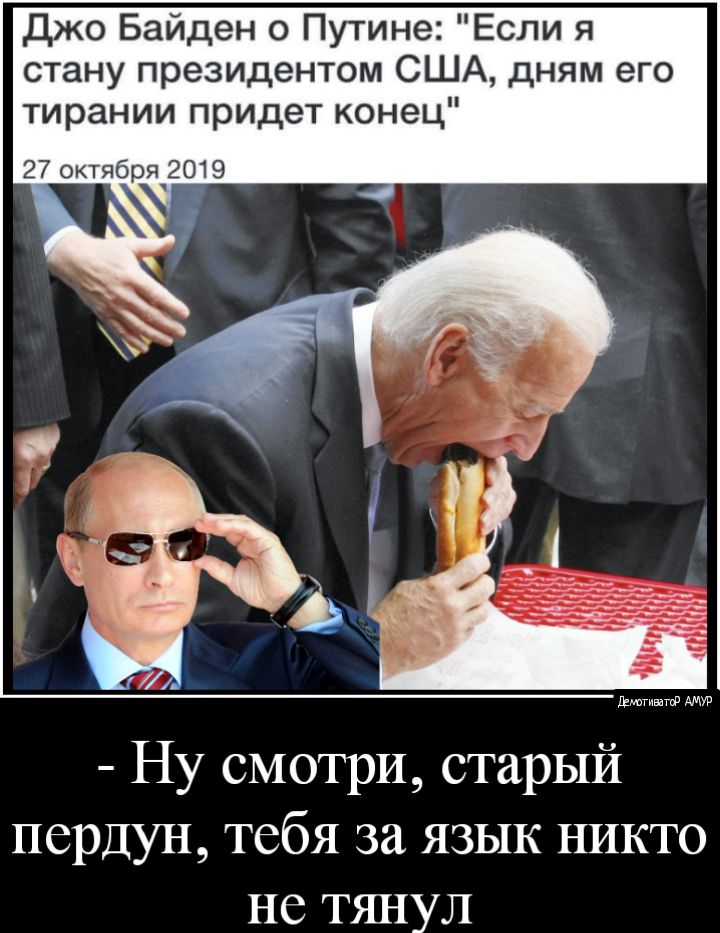 Джо Байден о Путине Если я стану президентом США дням его тирании придет конец 27 октября 2019 Ну смотри старый пердун тебя за язык никто не тянул