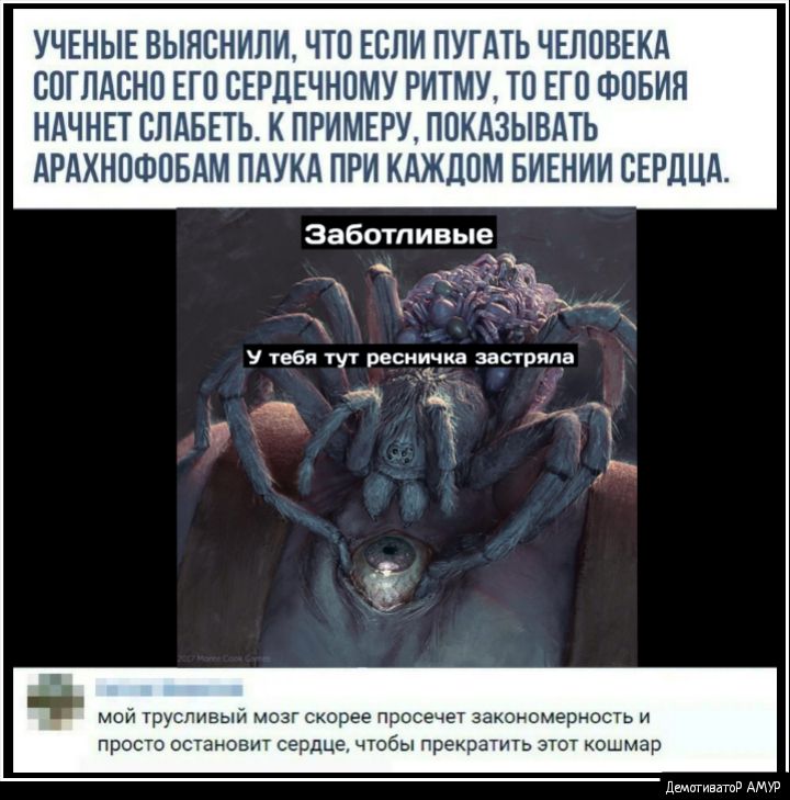 Ученые выяснили, что если пугать человека согласно его сердечному ритму, то его фобия начнет слабеть. К примеру, показывать арахнофобам паука при каждом биении сердца. Заботливые крь у тебя тут ресничка застряла. Укупдр а