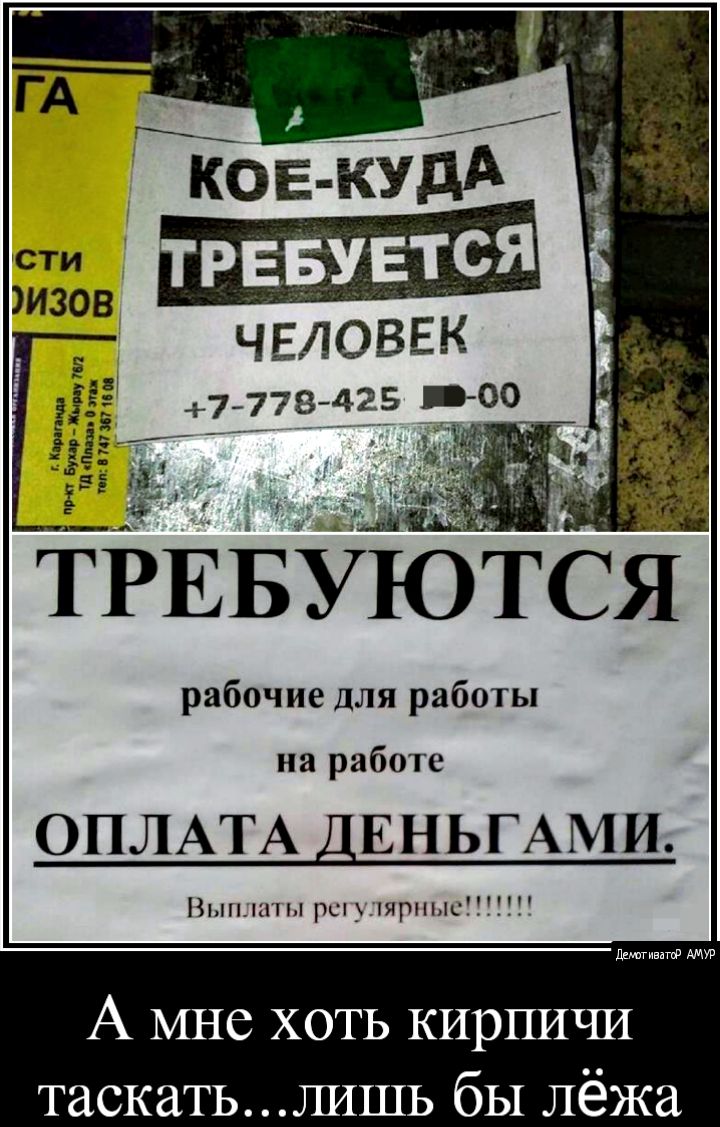 ТРЕБУЮТСЯ рабочие для работы на работе ОПЛАТА ДЕНЬГАМИ Вьпъшплршу три Л дивизию А МНС ХОТЬ КИрПИЧИ ТаСКЗТЬШ1ШЬ бЫ лёжа