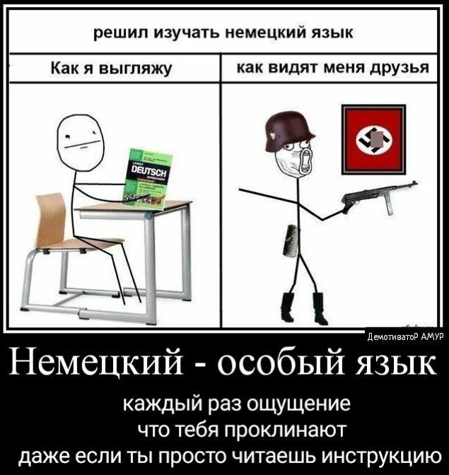 решил изучать немецкий язык Как я выгляжу как видят мени друзья НСМСЦКИИ ОСОбЫЙ ЯЗЫК каждый раз ощущение что тебя проклинают даже если ты просто читаешь инструкцию